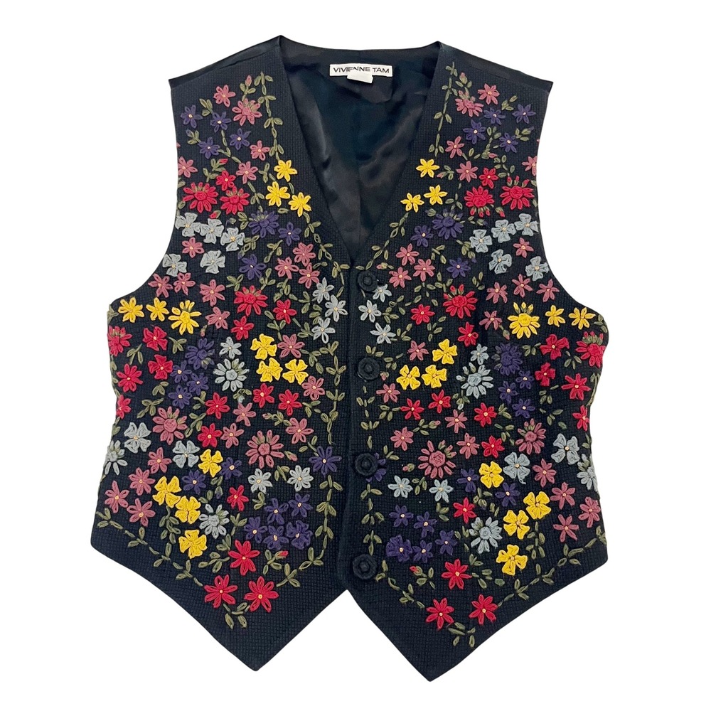 Vivienne Tam Multi Floral Embroidered Cotton Button Up Vest Black Sz 3, MEDIUM